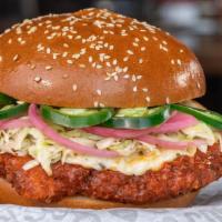 Demon Chicken Sandwich · Sesame Brioche Bun – Fried Chicken Breast tossed in Rockin’ Hot Sauce – Pepper Cheese Spread...