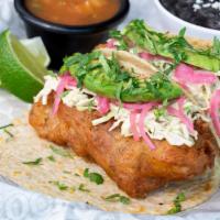 Baja Beer-Battered Fish Tacos · Chipotle Slaw – Avocado – Marinated Red Onions – Cilantro – Salsa – Served with Black Beans ...