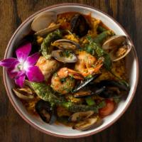 Seafood Paella · Prawns, shellfish, sea bass, chorizo, sofrito. (GF)