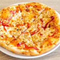 Clam Pizza · Pizza sauce, mozzarella cheese, pecorino cheese, roasted peppers, fresh clams, extra virgin ...