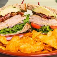 Roasted Chicken Club Half · Grilled roasted chicken, mayo, lettuce, tomato, onion, Havarti cheese, apple smoked bacon an...