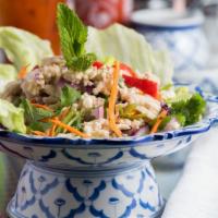 Chicken Salad - Larb · Ground chicken seasoned with chili, lime juice, roasted rice powder, shallots, mint leaves a...