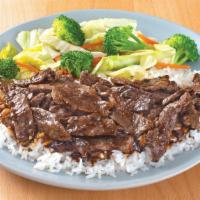 Beef Teriyaki · Served with steamed rice and mixed vegetables.