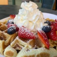 Berries & Cream · Fresh Waffles, Berries, Whip Cream, Powdered Sugar