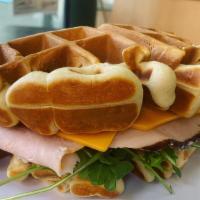 Turkey & Cheddar · Fresh Waffles, Cheddar Cheese, Arugula, Tomato, Chipotle Mayo