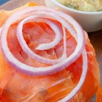 Bagel, Lox, Cream Cheese · Toasted bagel with cream cheese, capers, lox and onions. Comes with choice of potato salad o...