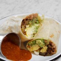 Mc Breakfast Burrito · Organic scrambled eggs, breakfast potatoes, beans, avocado salsa, crema, and farm cheese. Se...