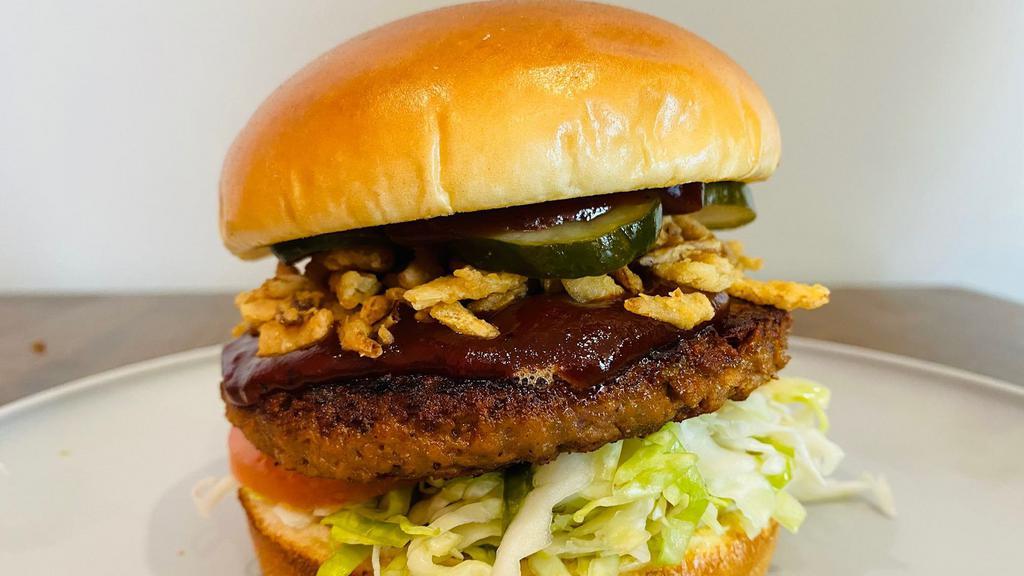 Bbq Burger · Beyond patty, BBQ sauce, slaw, tomato, pickles, crispy onions.
