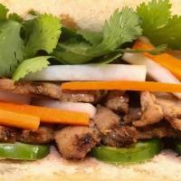 Vietnamese Bbq Pork · Grilled pork, Vietnamese mayo, cilantro, cucumber, jalapeno, pickled carrot/radish