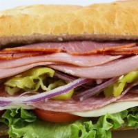 Italian Trio · Salami, capicola, mortadella, provolone, tomato, lettuce, pepperoncini. onion, Italian dress...