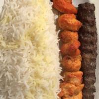 Koobideh Combo · Combination plate of a skewer of ground chicken and a skewer of ground beef.