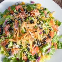 Santa Fe Salad  · Romaine lettuce, tomato, red onion, black beans, cheddar and Jack cheese blend, crispy torti...