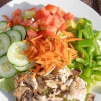 Garden Salad · Lettuce, tomato, cucumber, bell peppers and mushrooms.