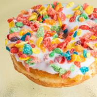 Cereal Raise Donut · Fruity Pebble sprinkled on a fluffy Raise donut.