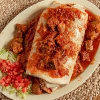 Original Hollenbeck · Seared pork meat simmered in our traditional red tomato based chile verde recipe with rice, ...