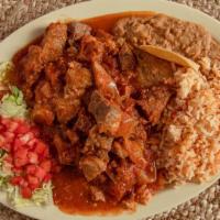 1 Chile Verde · Seared pork meat simmered in our traditional tomato based Chile Verde Receipe and served wit...