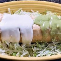 Chimichanga · Deep fried burrito with rice, beans, cheese, and choice of meat topped with sour cream and g...