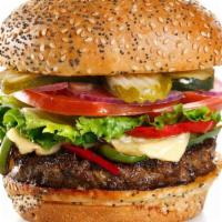 Cajun Burger · USDA Choice beef, pepper jack cheese, grilled onions & peppers, blackened spices & Sriracha ...