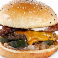 Big Bacon · USDA Choice beef, thick cut bacon, cheddar cheese, secret sauce, garlic aoili & griddled oni...
