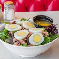 House Salad · Spring Greens with Tuna , Sliced Hard Boiled Eggs , Cucumbers With Lemon Vinaigrette Dressing