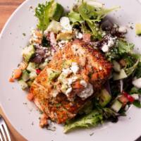 Greek Salmon Salad · Chopped spring mix, cucumber avocado, tomato, red onion, red bell pepper, parsley, feta chee...