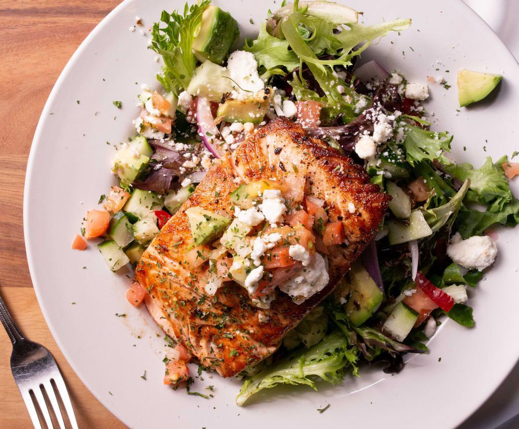 Greek Salmon Salad · Chopped spring mix, cucumber avocado, tomato, red onion, red bell pepper, parsley, feta cheese and tossed in a greek vinaigrette dressing.