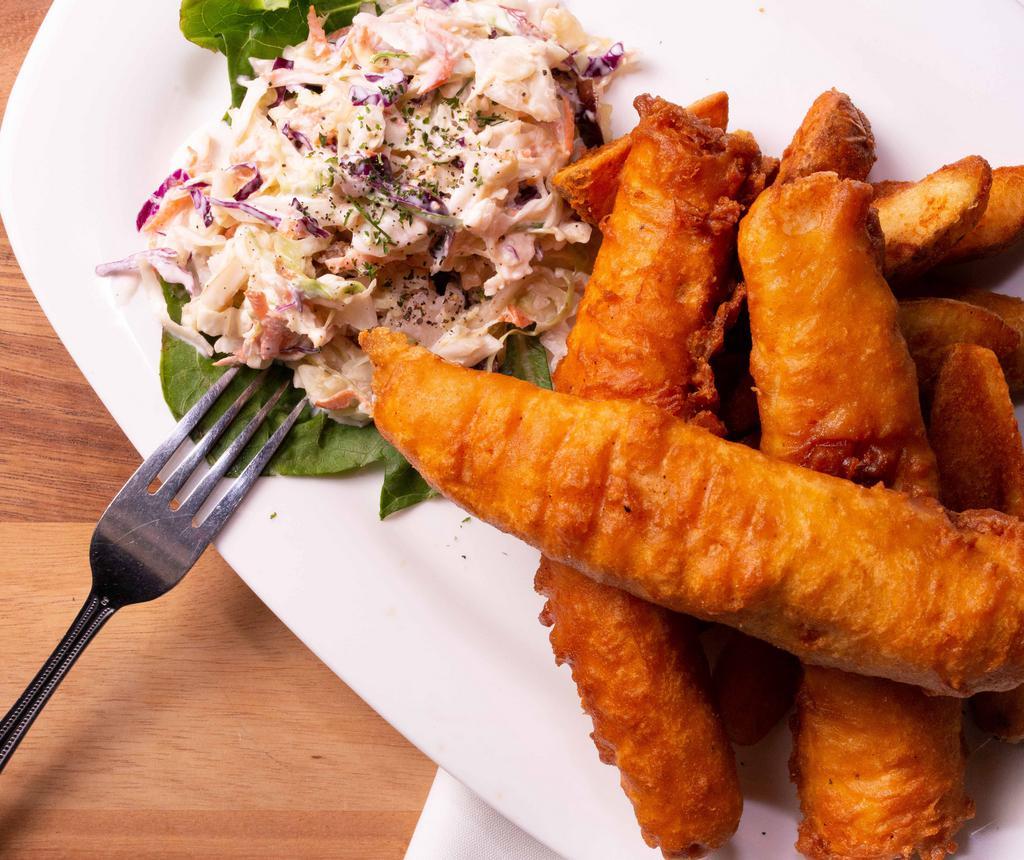 Shocked Top Fish & Chips · Orange wheat beer battered cod fried till golden. Served with potato wedges and cole slaw.