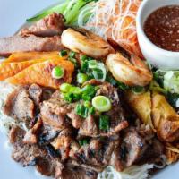 Brodard Chateau Vermicelli (Bun Dac Biet Brodard Chateau) · Charbroiled shrimps. BBQ pork, chicken, sugar cane shrimp paste & egg roll over vermicelli s...