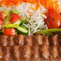 Beef Lule Plate · Marinated minced beef formed on a skewer and grilled. 2 skewers. Served with rice, garden sa...
