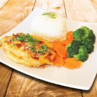 Katsu Chicken Bowl · Served over jasmine rice carrots and broccoli.
