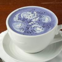 Blue Planet Latte · blue spirulina, blue butterfly pea flower, maca, organic steamed almond milk, cinnamon honey...