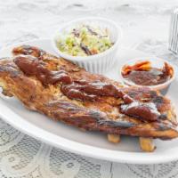 Smoked Baby Back Pork Rib Dinner For Two · Full slab of ribs, served with a medium Greek salad and breadsticks or tortillas.