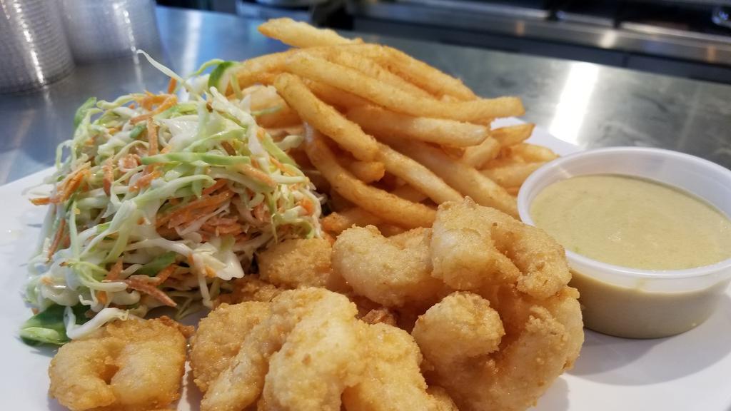 Shrimp And Chips · Fried Shrimp with fries and coleslaw