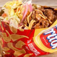Frito Pie In A Bag · ground beef, cheddar, lettuce, sour cream, tomatoes, pickled jalapeños, pickled red onions