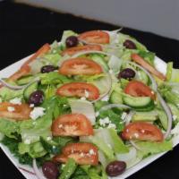 Greek Salad · Romaine LettuceTomatoes, cucumber, olives, red onions and feta cheese. tossed dressing