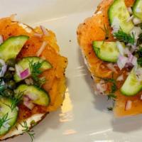 Salmon Bagel · Smoked salmon, cream cheese, cucumber, capers and fresh dill