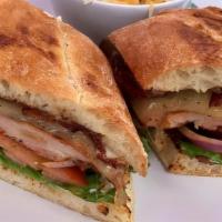 Club Chicken Sandwich · 7 ounce Smoked Chicken, lettuce, red onions, tomato, Smoked Bacon, avocado, mayo. Served on ...