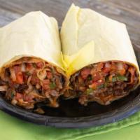 Philly Burrito · Cheese, mushrooms, tomatoes, onion, peppers, bacon, salsa, steak or chicken.