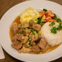 Goulash · Beef, steamed white rice, homemade mashed potato,
and fresh cucumber and tomato salad.