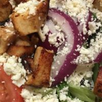 Chicken With Feta Cheese · Grilled chicken on top of the green salad and feta cheese.