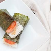 Spam Musubi (2 Pcs) · Grilled spam coated with special sauce served atop rice and wrapped together with nori.