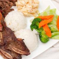 Hawaiian Bbq Mix · A combo of bbq chicken, bbq beef and kalbi short ribs served with; two scoops of rice, one s...