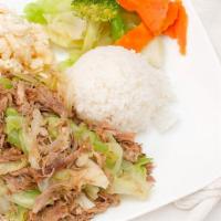 Kalua Pork Mini Meal · Hawaiian style slow roasted pulled pork served with; one scoop of rice, one scoop of mac sal...
