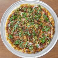 Mexican Pizza · Mexican chorizo, red onions, jalapenos, cilantro.
