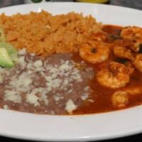 Camarones À La Diabla / Spicy Shrimps · Served with rice & beans/3 tortillas