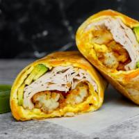 Smoked Turkey, Avocado, Egg, And Cheddar Breakfast Burrito · 3 fresh cracked, cage-free scrambled eggs, melted Cheddar cheese, sliced smoked deli turkey,...