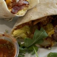 Breakfast Burrito · your choice of bacon, or sausage, 2 eggs scrambled, breakfast potatoes, cheddar cheese, and ...