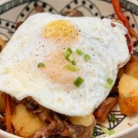 Breakfast Skillet · HK's crispy house potatoes, red bell peppers, yellow onion, cheddar, crimini mushrooms, prot...