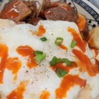 Risky Biscuits & Gravy · homemade buttermilk biscuit, spiced country gravy, 2 eggs, with choice of fruit or potatoes.