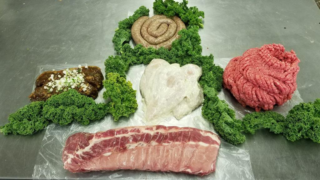 Variety Meat Package 12Lbs · 3Lbs 85/15 Lean Ground Beef-
3Lbs Black and Blue Marinated Chicken Breast-2 Marinated Choice New York Steaks-1 Rack Pork Baby Back Ribs-1 Roll German Sausage